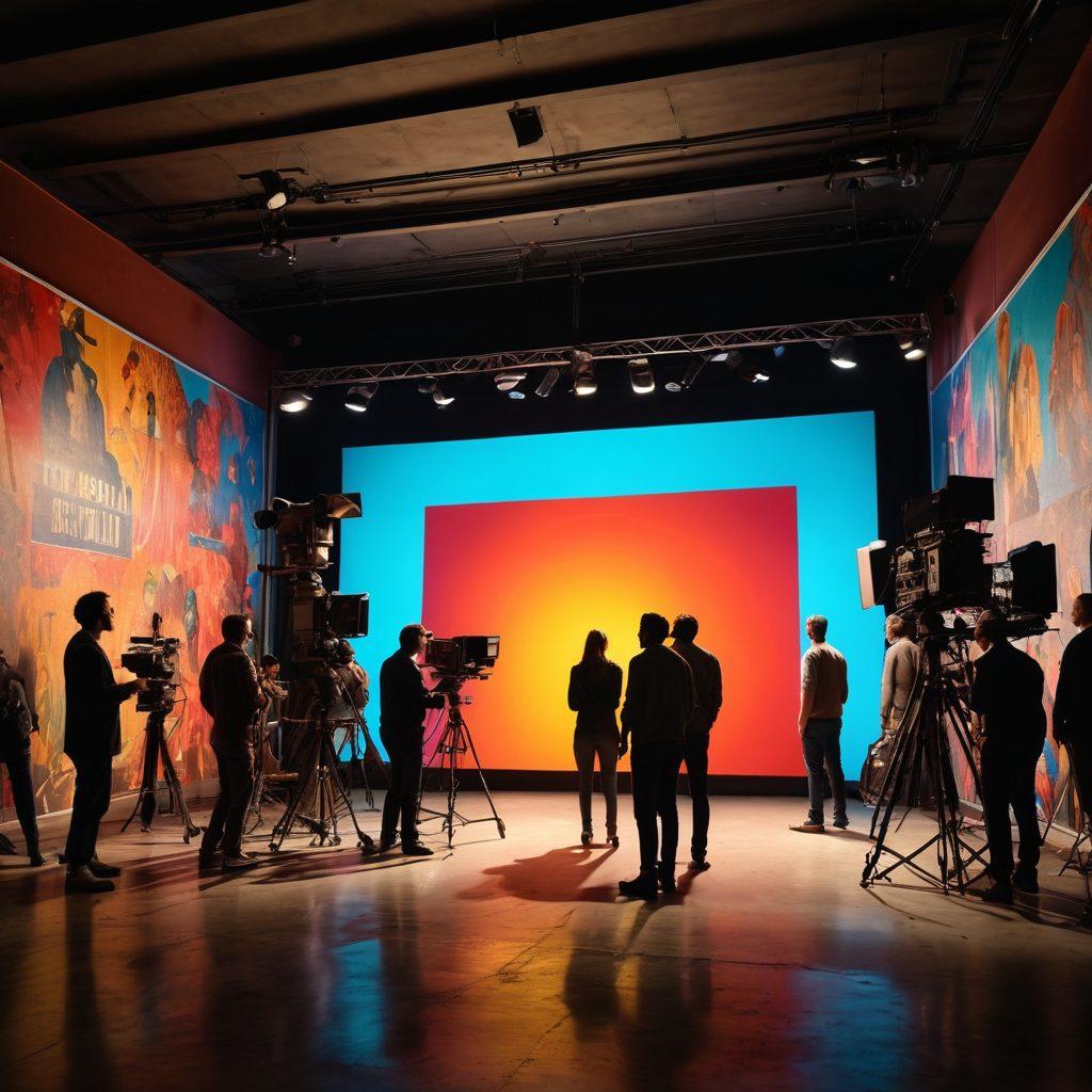 A dynamic film set with cameras rolling, showcasing actors performing an intense scene, surrounded by crew members adjusting lights and equipment. In the background, a vibrant mural symbolizing the evolution of independent films fades into the walls, while a clapperboard lies in the foreground, ready to mark a take. The ambiance is energetic and inspiring, highlighting the creativity and passion of independent filmmaking. vibrant colors. super-realistic. cinematic style.