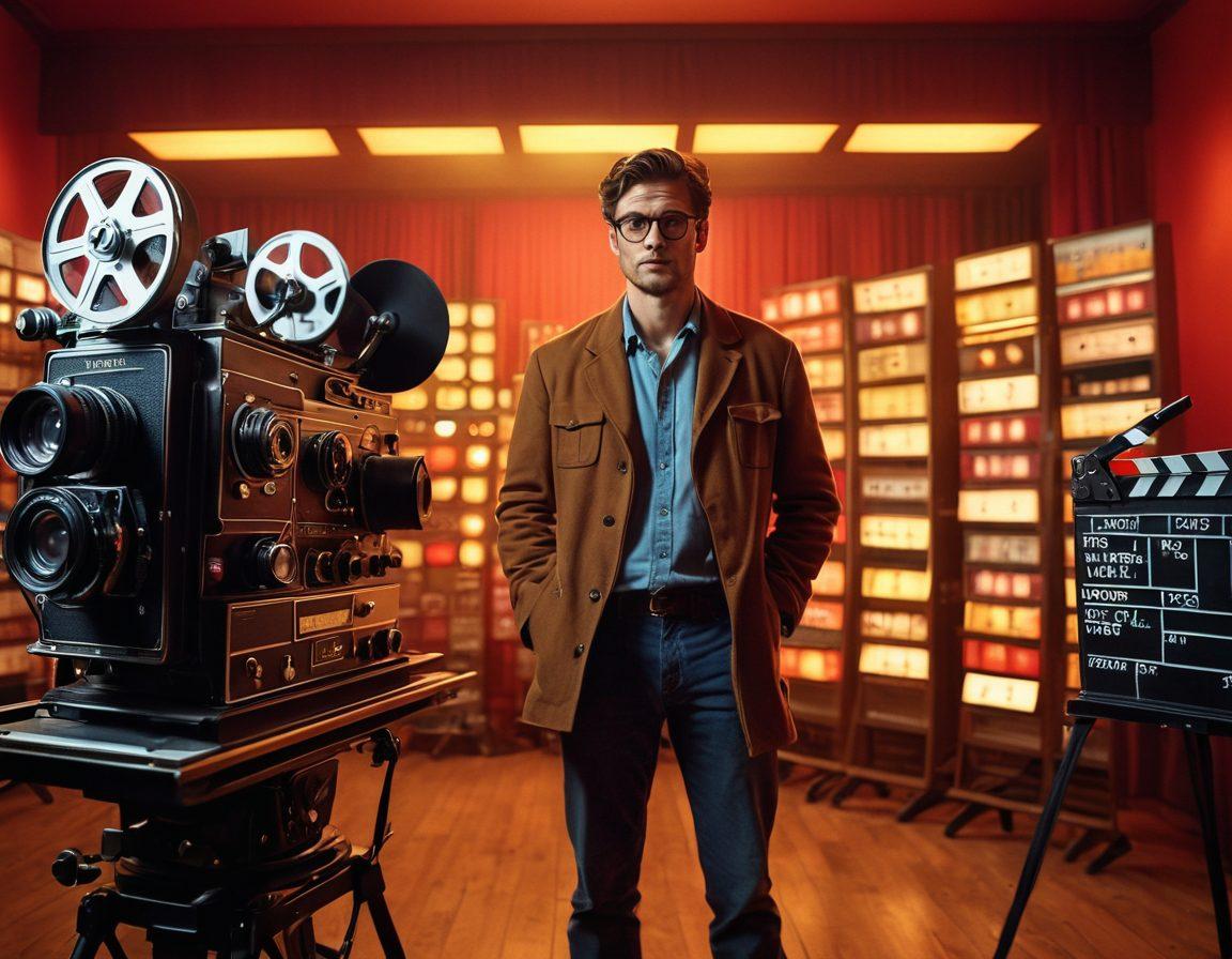 A filmmaker standing behind a vintage camera, surrounded by vibrant film reels and clapperboards, with a backdrop of a bustling film set filled with creative crew members. Light filters through colorful lights, casting shadows that evoke a sense of artistry and passion. The atmosphere exudes excitement and creativity, showcasing the behind-the-scenes essence of independent film production. super-realistic. vibrant colors. cinematic.